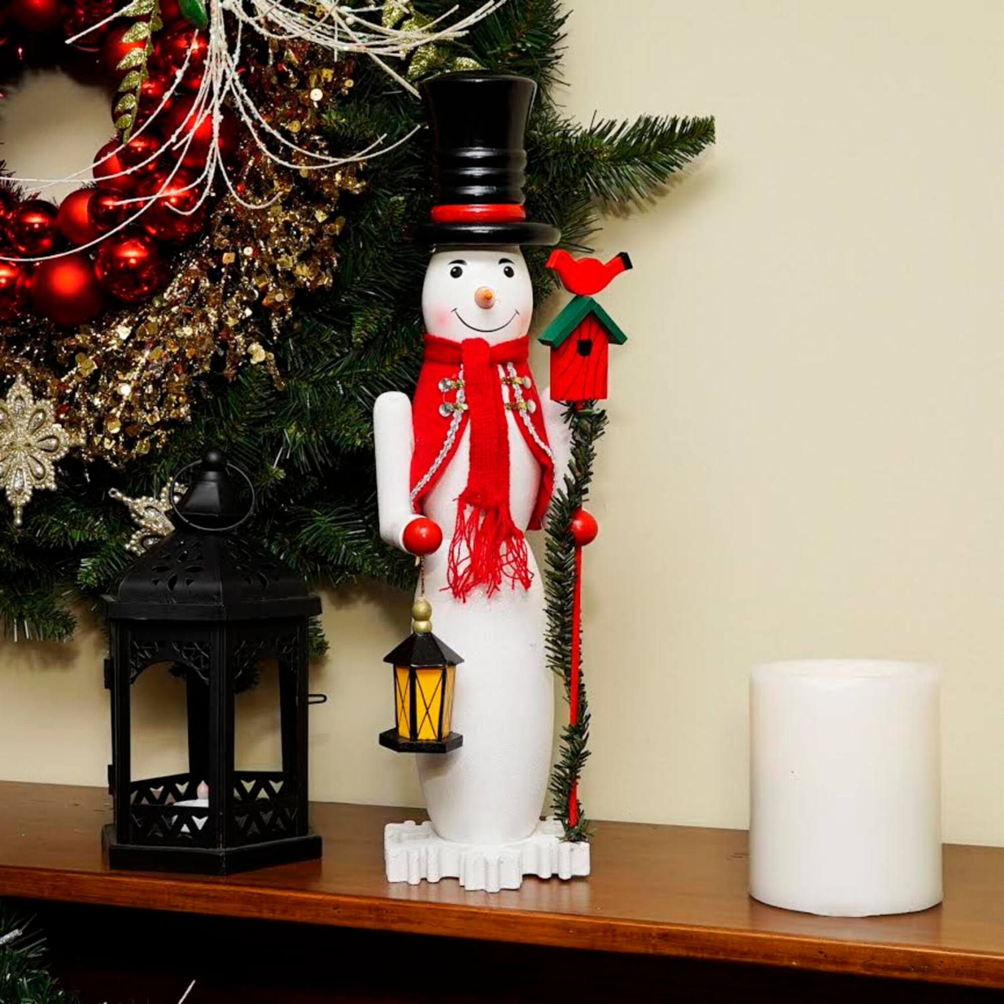 18" Glittered Wooden Snowman & Bird Nutcracker